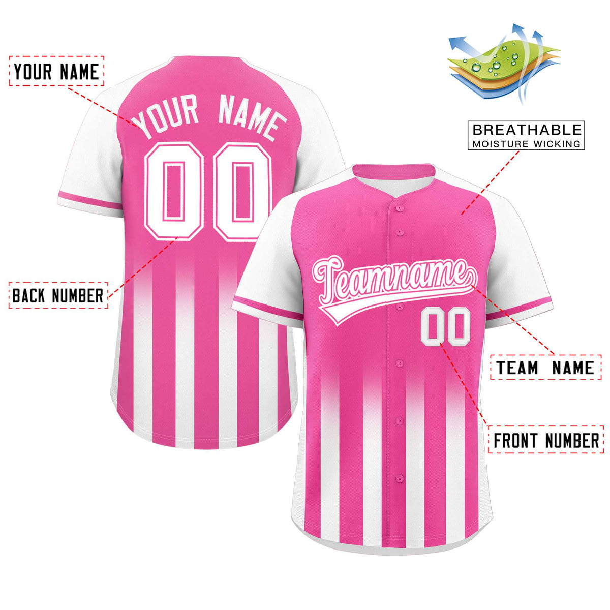 Custom Pink White Raglan Sleeves Gradient Thick Stripe Authentic Baseball Jersey Limited