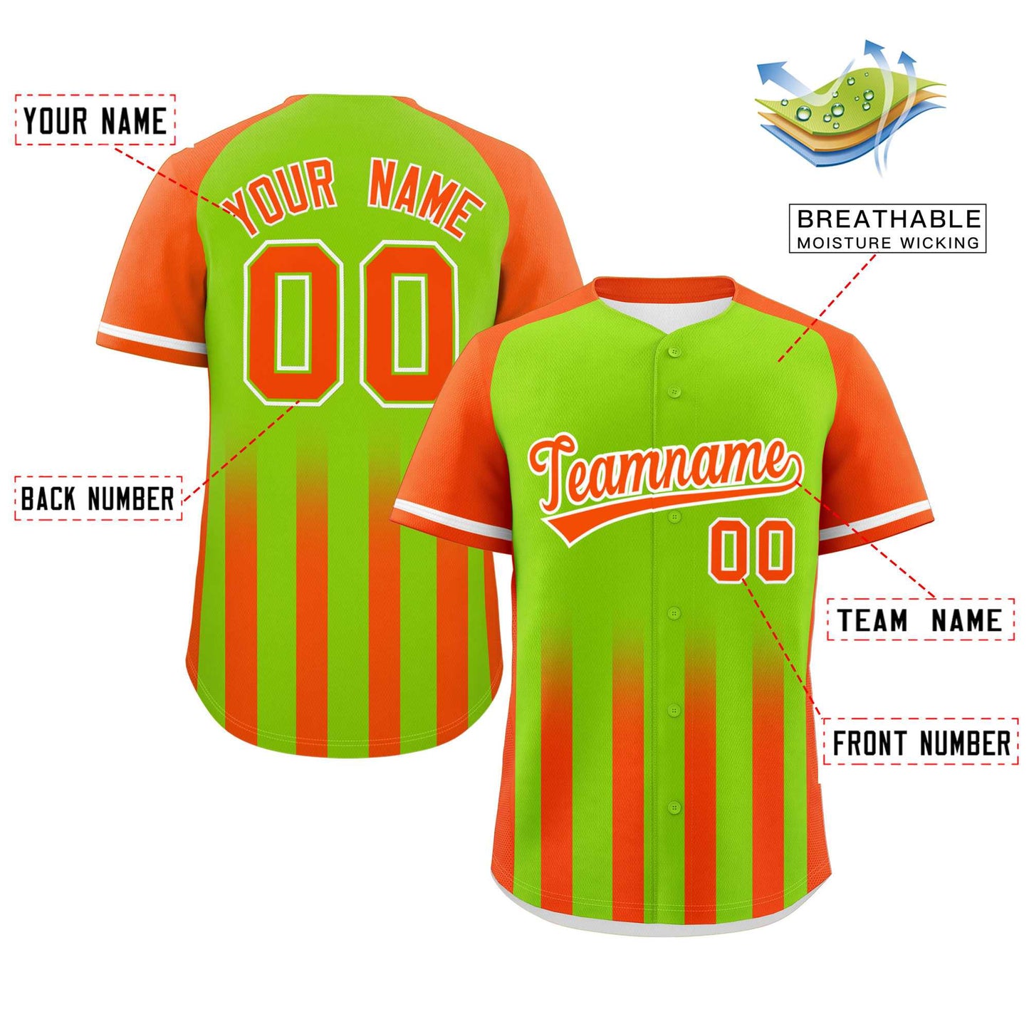 Custom Neon Green Orange Raglan Sleeves Gradient Thick Stripe Authentic Baseball Jersey Limited