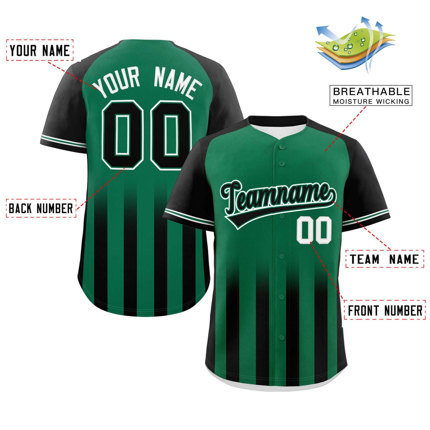 Custom Kelly Green Black Raglan Sleeves Gradient Thick Stripe Authentic Baseball Jersey Limited