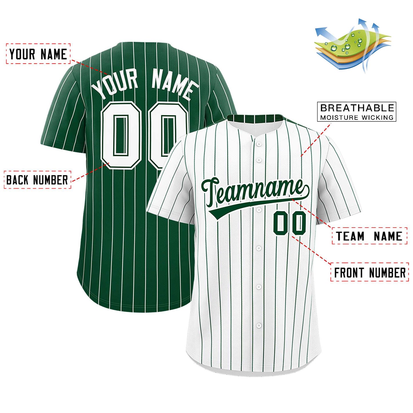 Custom White Green Pinstripe Personalized Two-Tone Authentic Baseball Jersey Limited