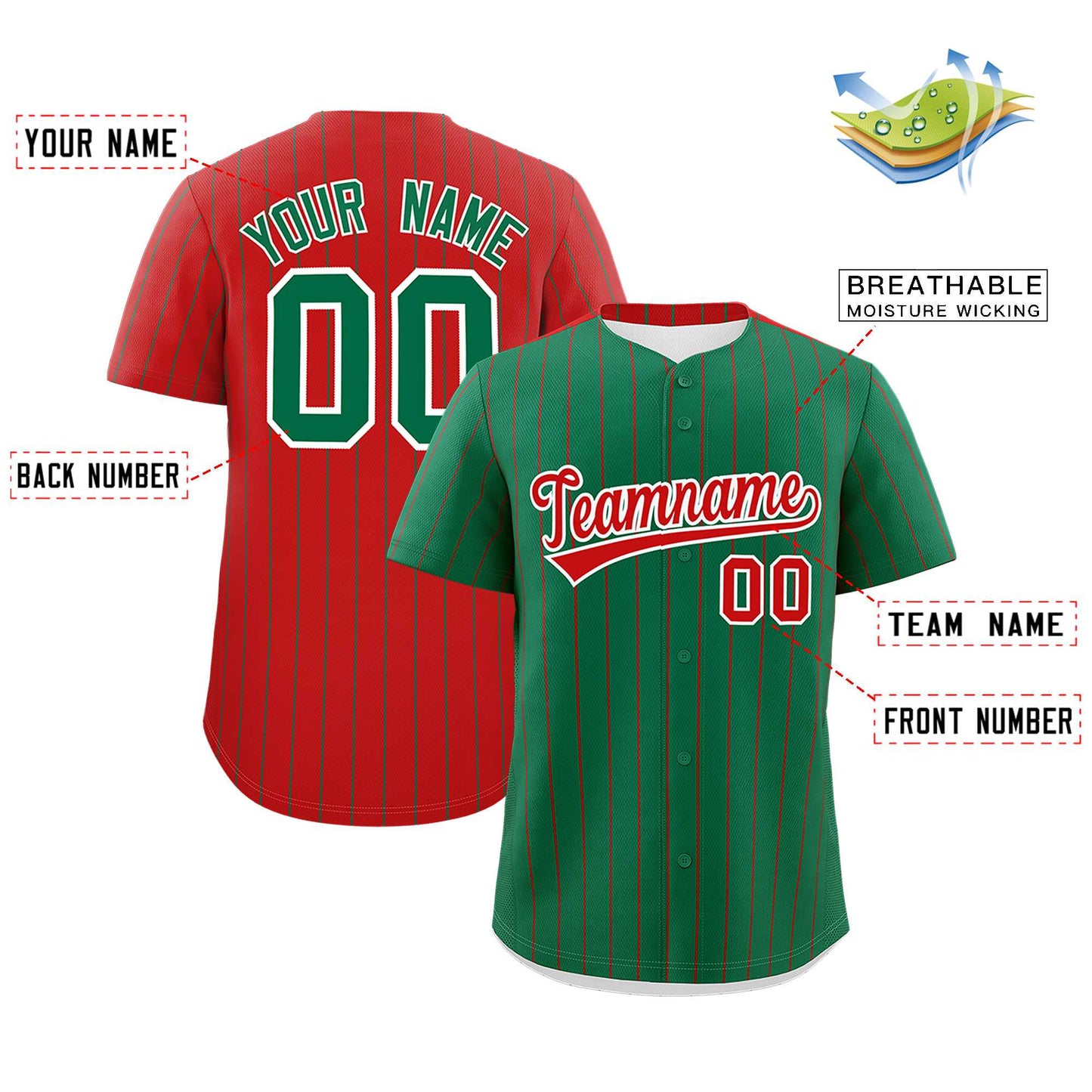 Custom Kelly Green Red Pinstripe Personalized Two-Tone Authentic Baseball Jersey Limited
