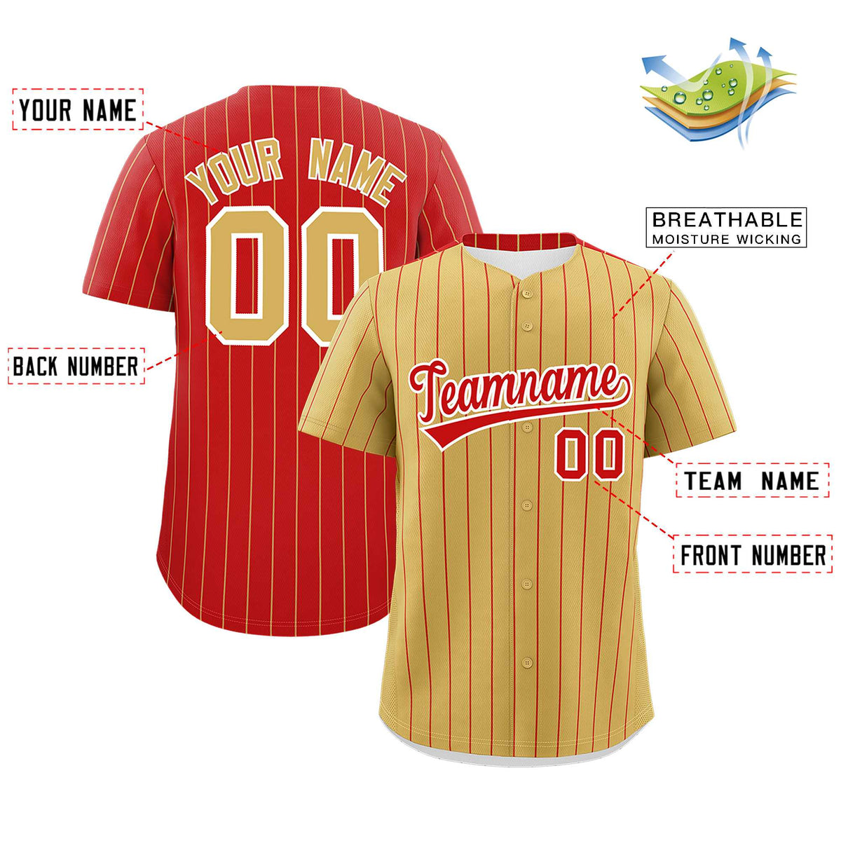 Custom Old Gold Red Pinstripe Personalized Two-Tone Authentic Baseball Jersey Limited