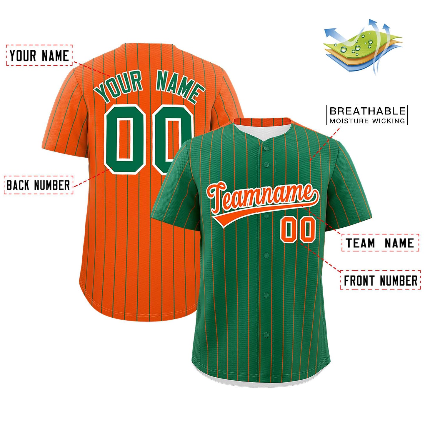 Custom Kelly Green Orange Pinstripe Personalized Two-Tone Authentic Baseball Jersey Limited