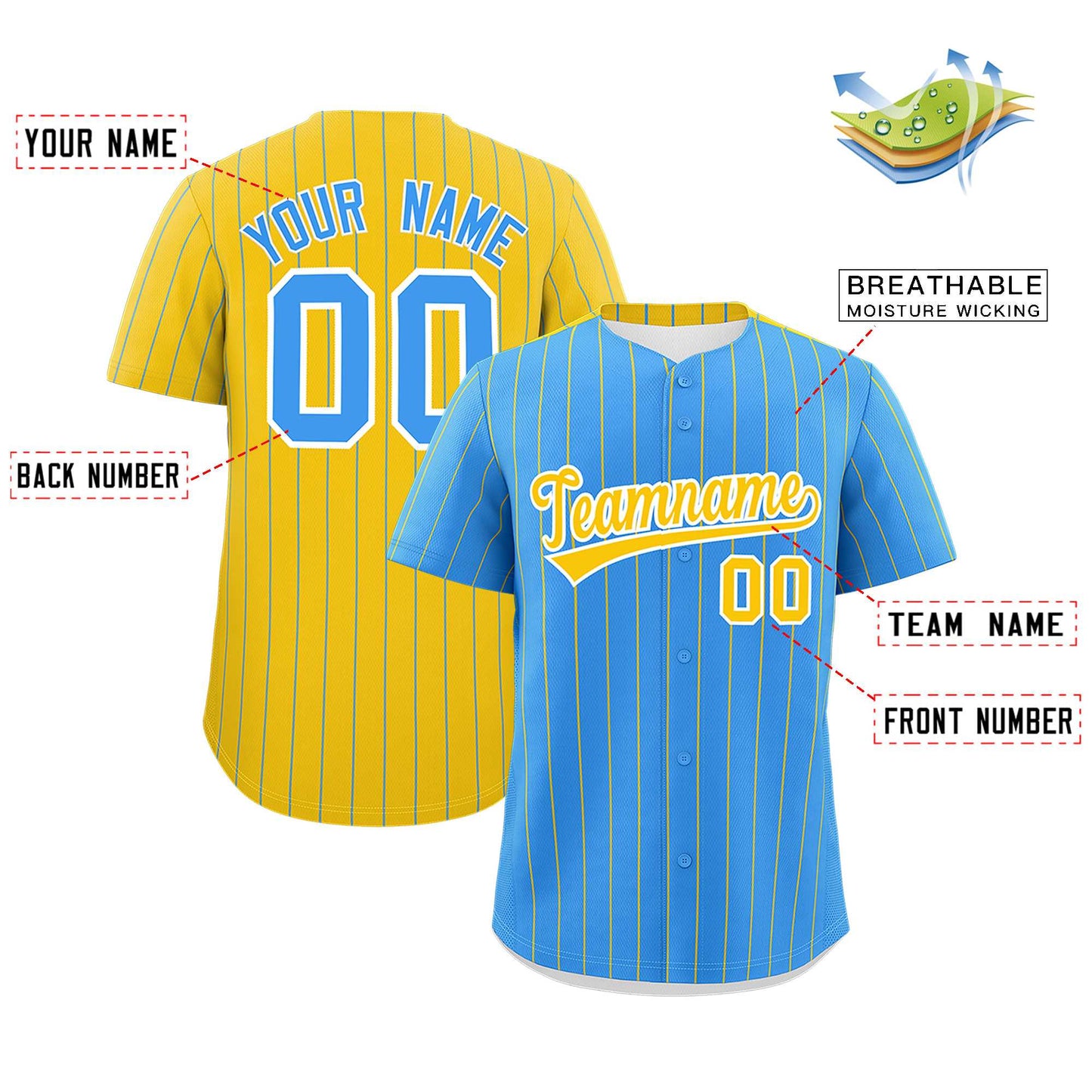 Custom Powder Blue Gold Pinstripe Personalized Two-Tone Authentic Baseball Jersey Limited