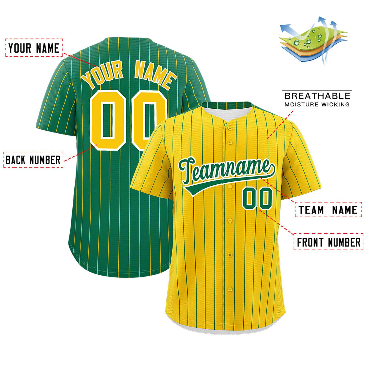 Custom Gold Kelly Green Pinstripe Personalized Two-Tone Authentic Baseball Jersey Limited