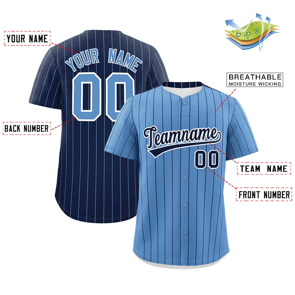 Custom Light Blue Navy Pinstripe Personalized Two-Tone Authentic Baseball Jersey Limited