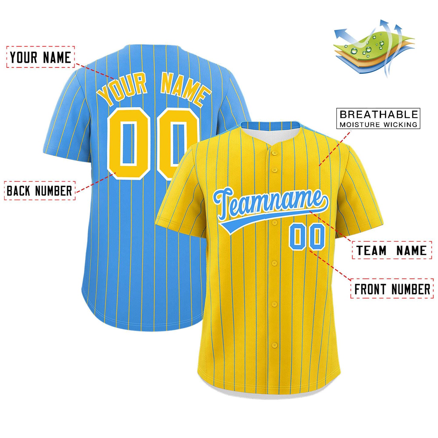 Custom Gold Powder Blue Pinstripe Personalized Two-Tone Authentic Baseball Jersey Limited