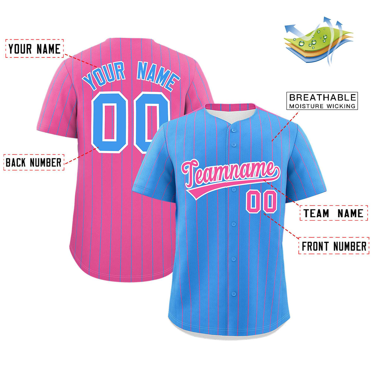 Custom Powder Blue Pink Pinstripe Personalized Two-Tone Authentic Baseball Jersey Limited