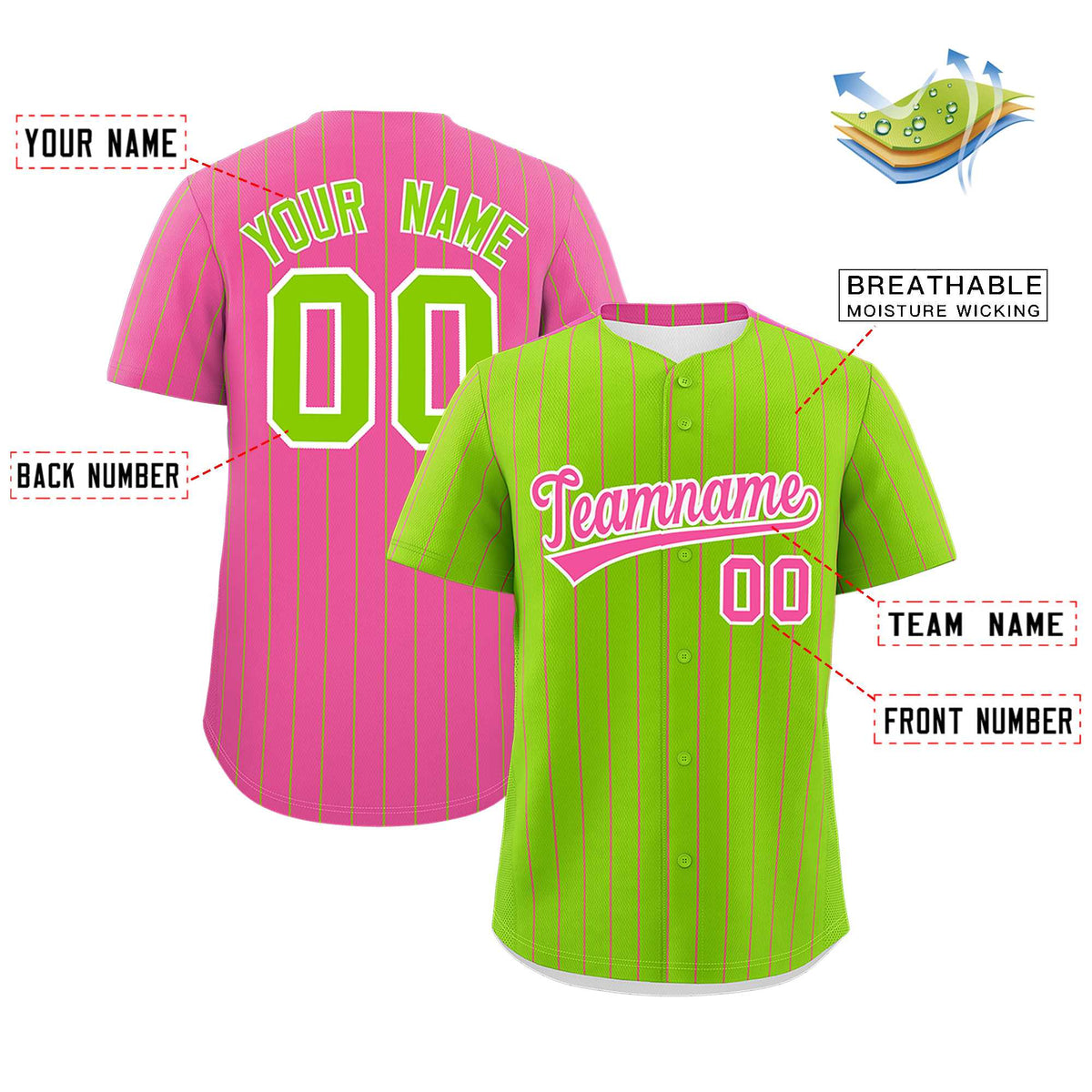 Custom Neon Green Pink Pinstripe Personalized Two-Tone Authentic Baseball Jersey Limited