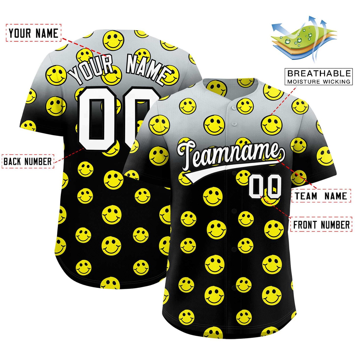 Custom Silver Black Graffiti Gradient Pattern Authentic Smile Baseball Jersey Limited
