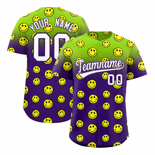 Custom Neon Green Purple Graffiti Gradient Pattern Authentic Smile Baseball Jersey