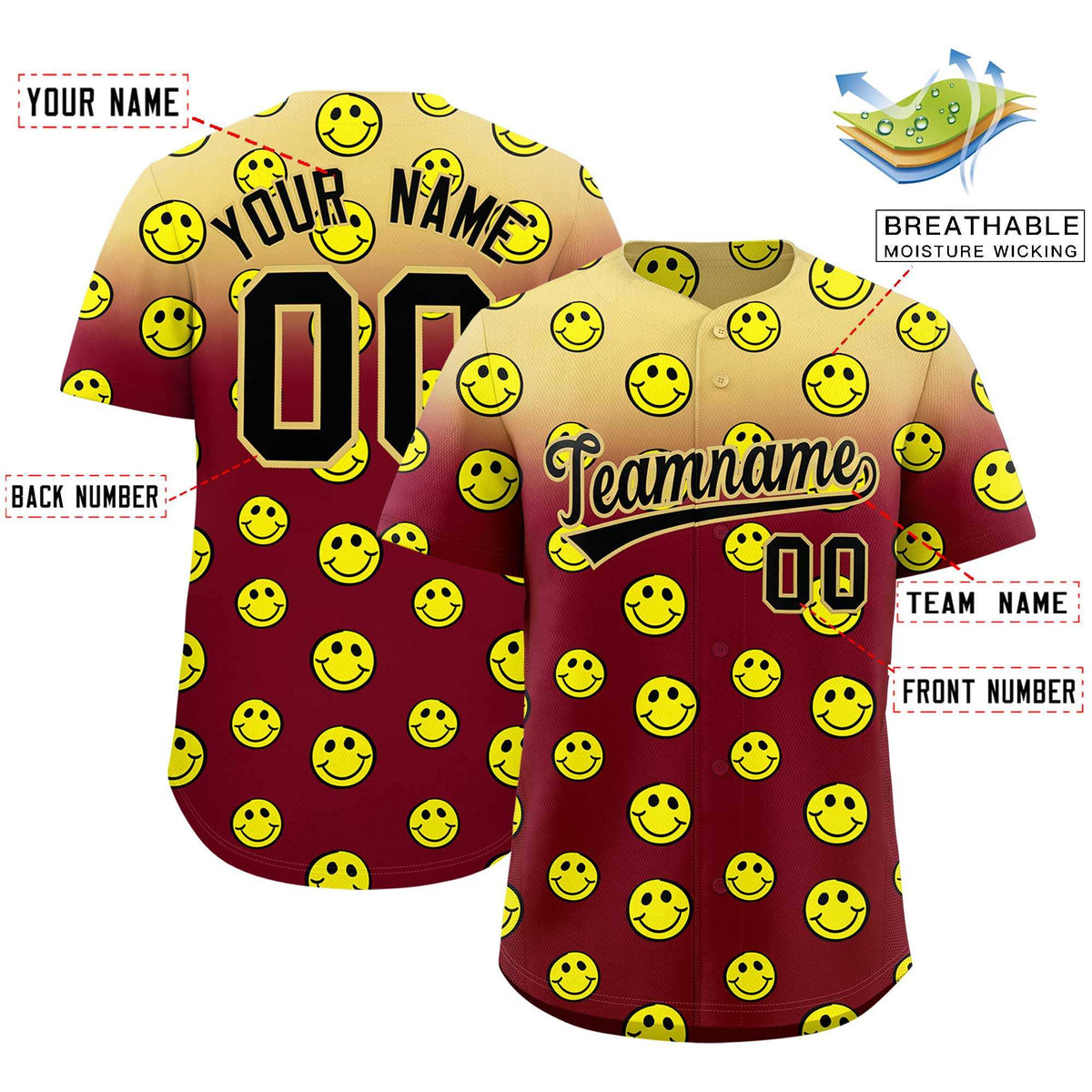 Custom Khaki Crimson Graffiti Gradient Pattern Authentic Smile Baseball Jersey Limited