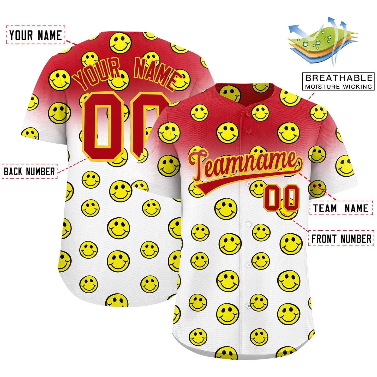 Custom Red White Graffiti Gradient Pattern Authentic Smile Baseball Jersey Limited