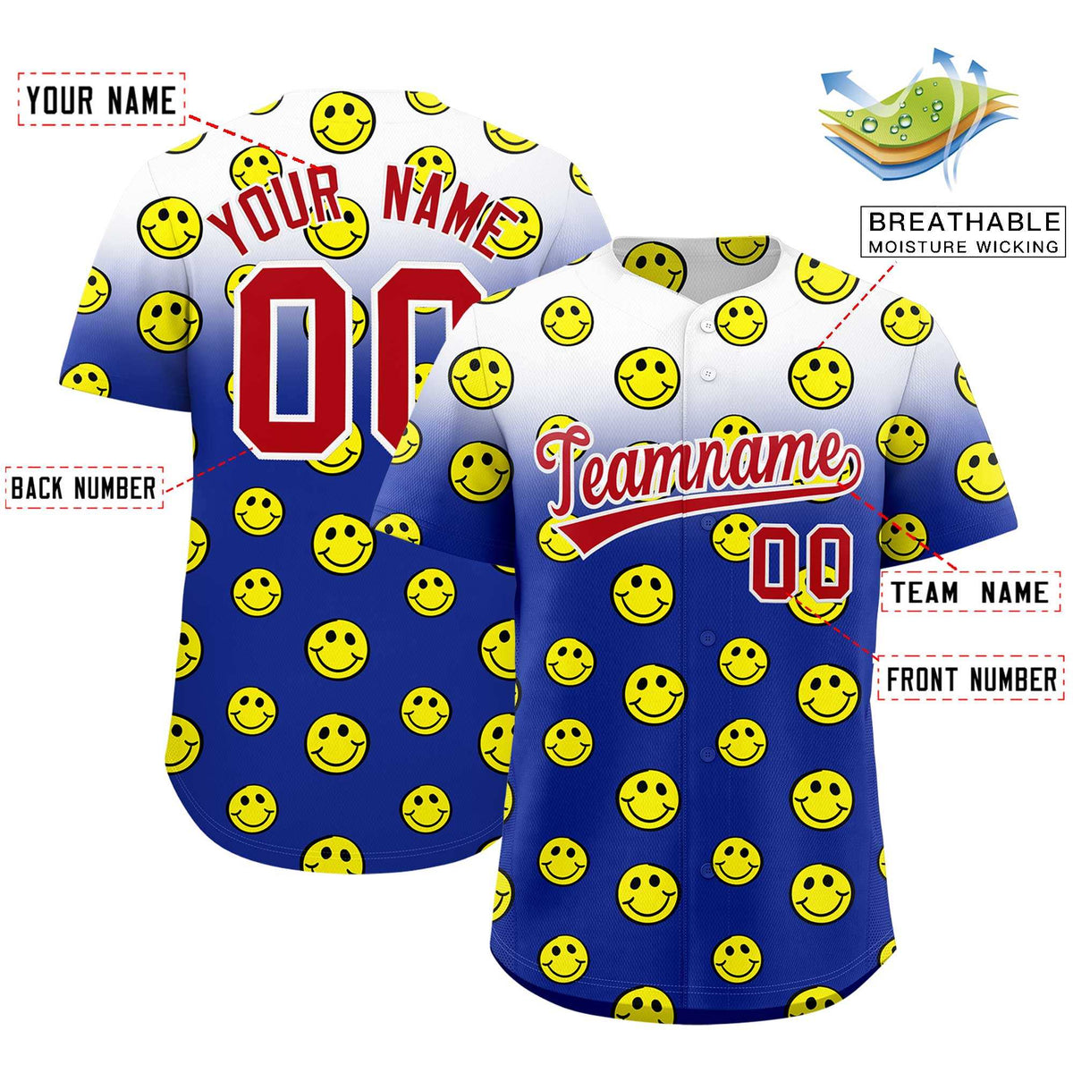 Custom White Royal Graffiti Gradient Pattern Authentic Smile Baseball Jersey Limited