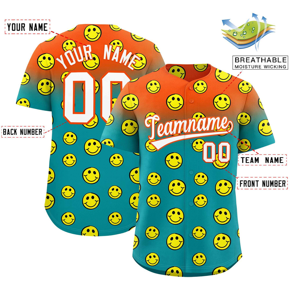 Custom Orange Aqua Graffiti Gradient Pattern Authentic Smile Baseball Jersey Limited