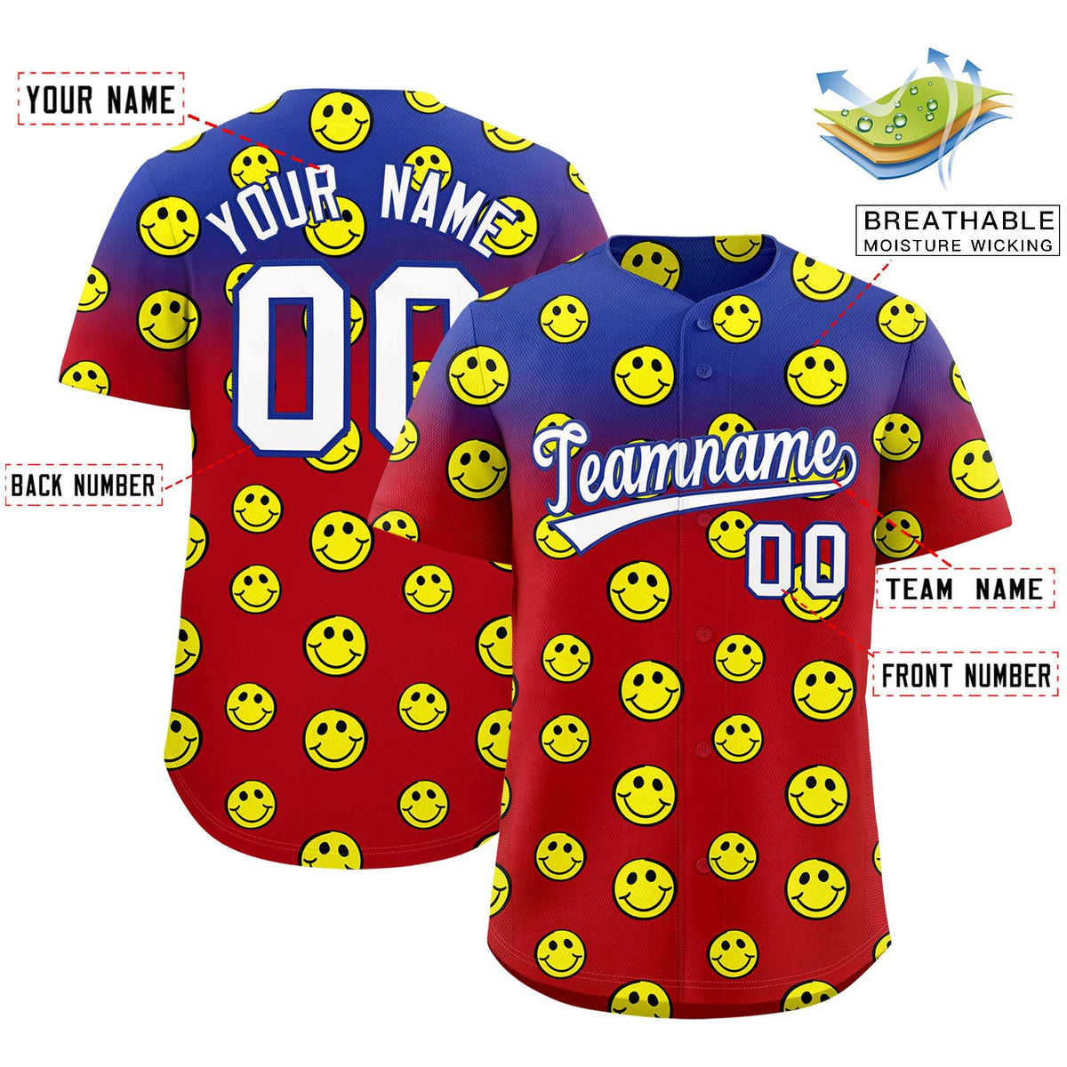Custom Royal Red Graffiti Gradient Pattern Authentic Smile Baseball Jersey Limited