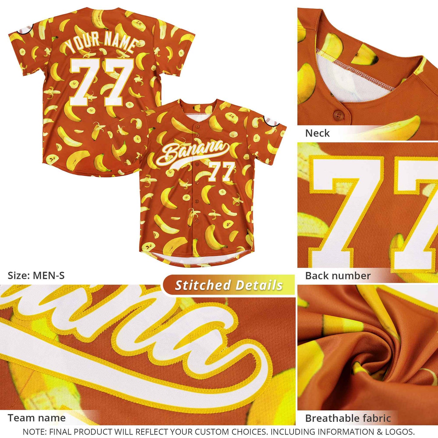 Custom Dark Orange Banana Graffiti Pattern Fashion Authentic Baseball Jersey Limited