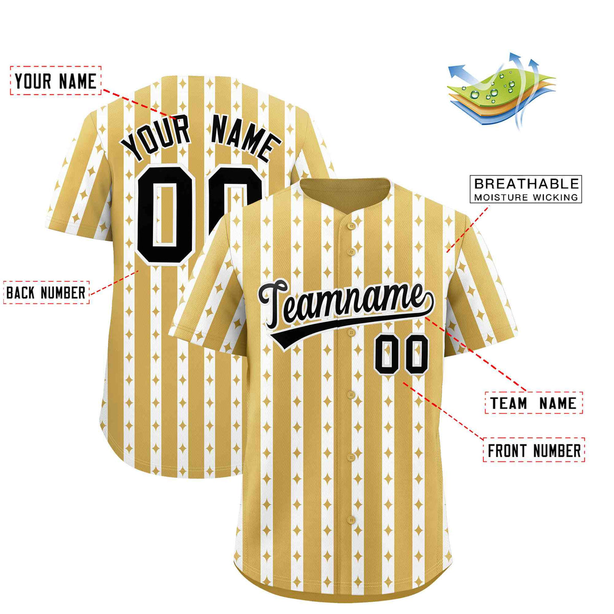 Custom Old Gold White Star Pattern Thick Stripes Baseball Jersey Limited
