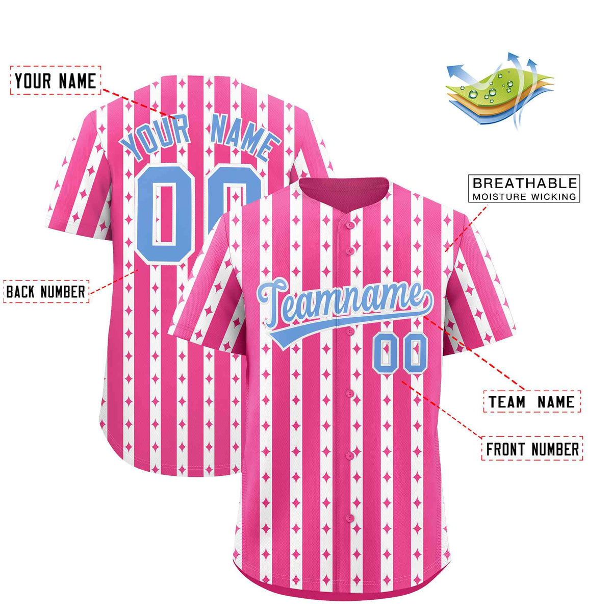 Custom Pink White Star Pattern Thick Stripes Baseball Jersey Limited