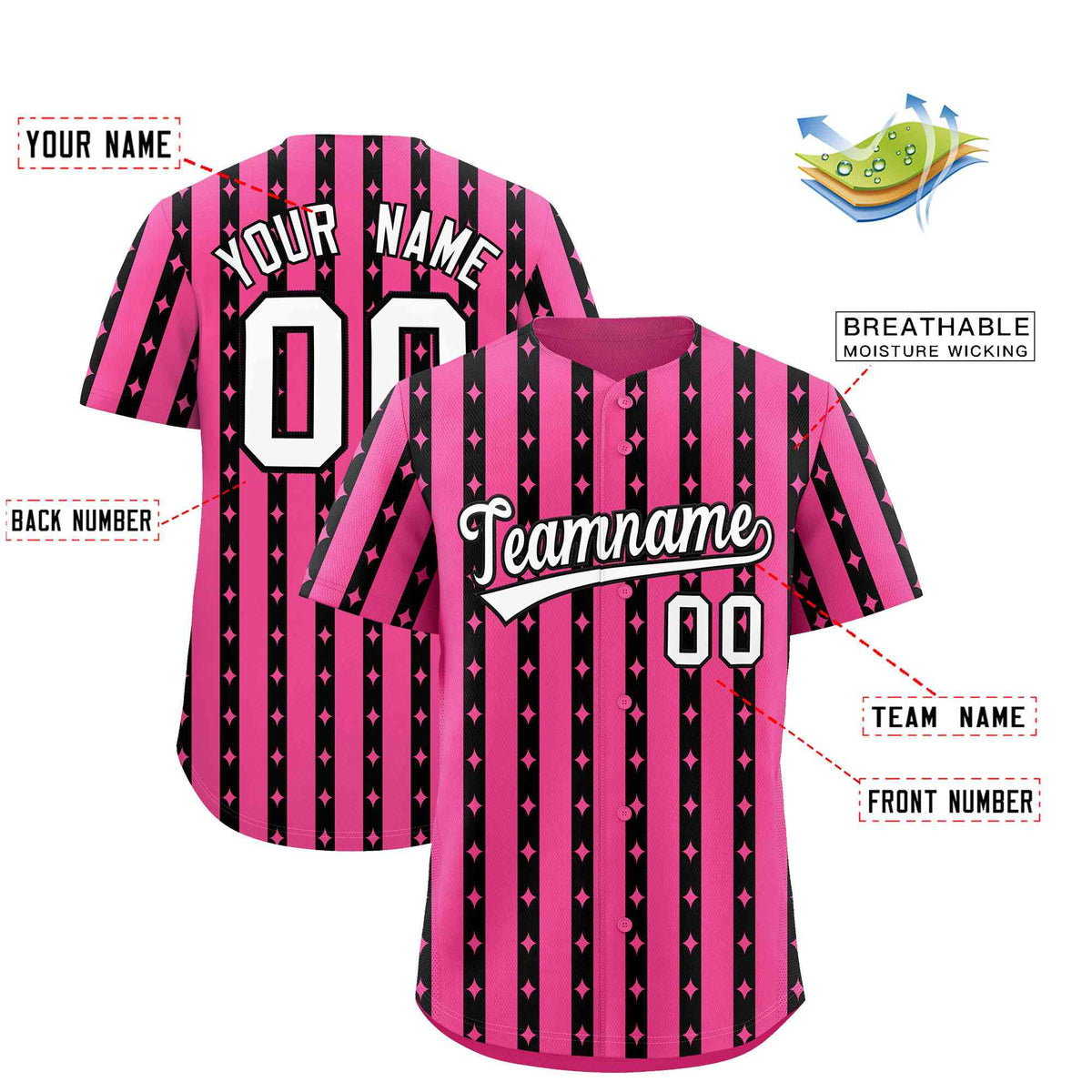 Custom Pink Black Star Pattern Thick Stripes Baseball Jersey Limited