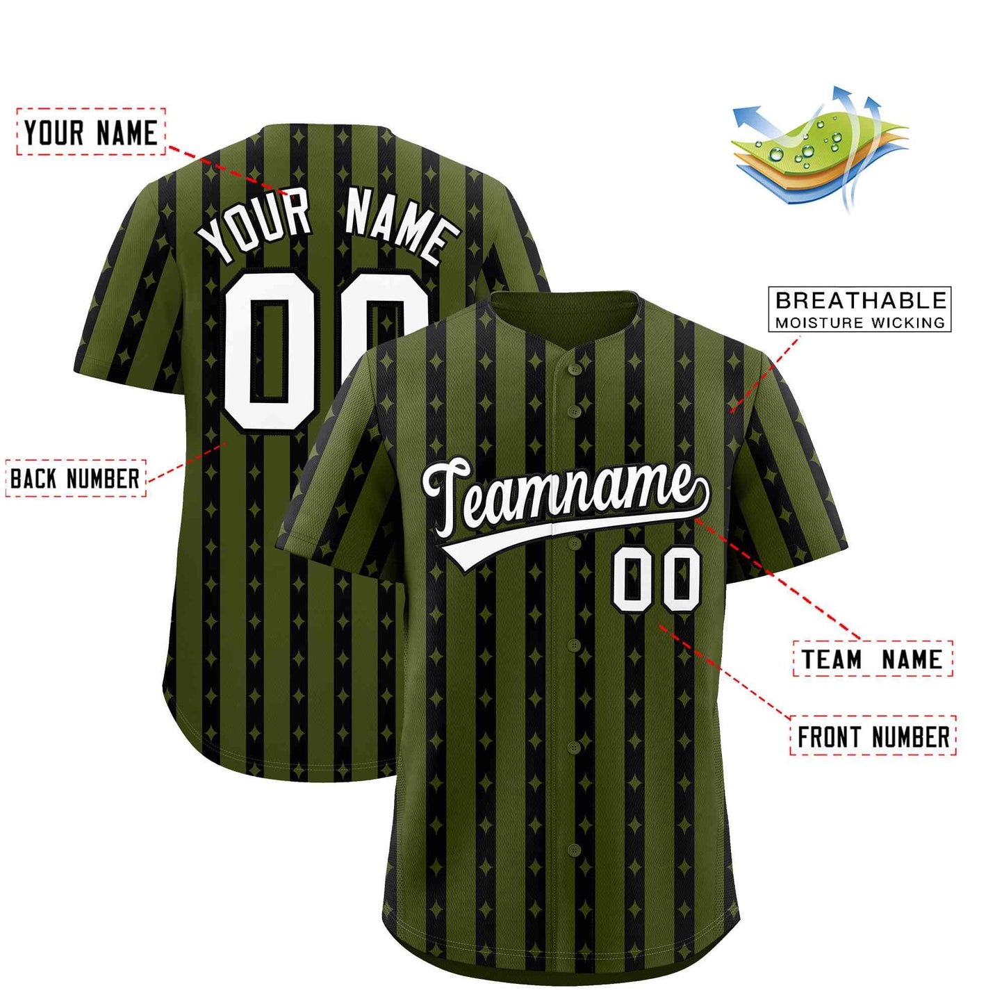Custom Olive Black Star Pattern Thick Stripes Baseball Jersey Limited