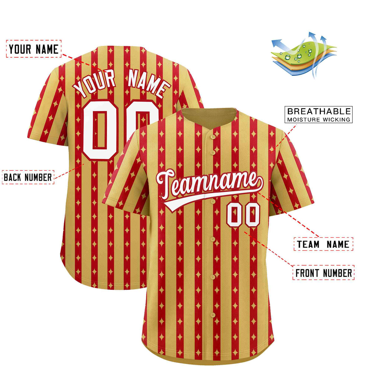 Custom Old Gold Red Star Pattern Thick Stripes Baseball Jersey Limited