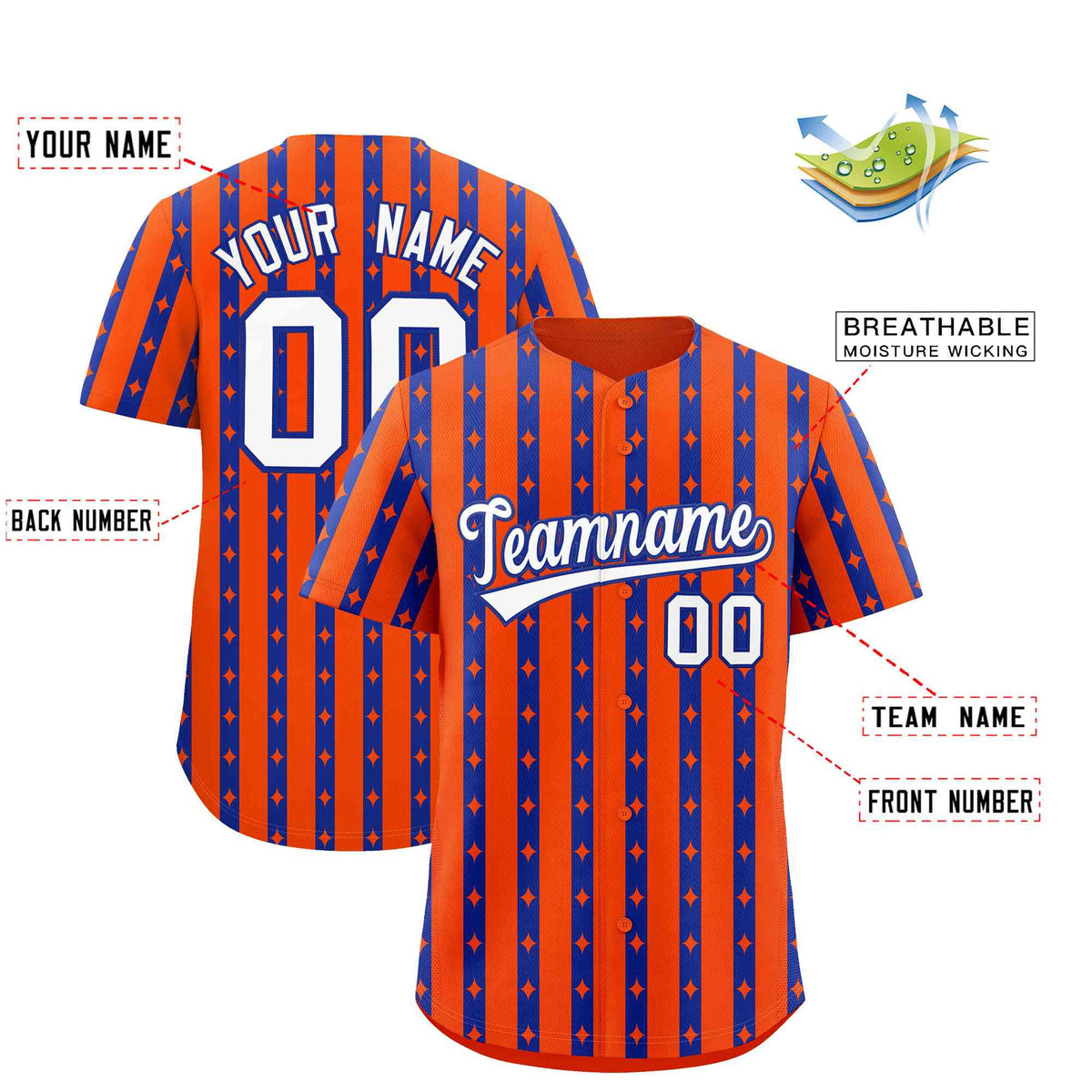 Custom Orange Royal Blue Star Pattern Thick Stripes Baseball Jersey Limited