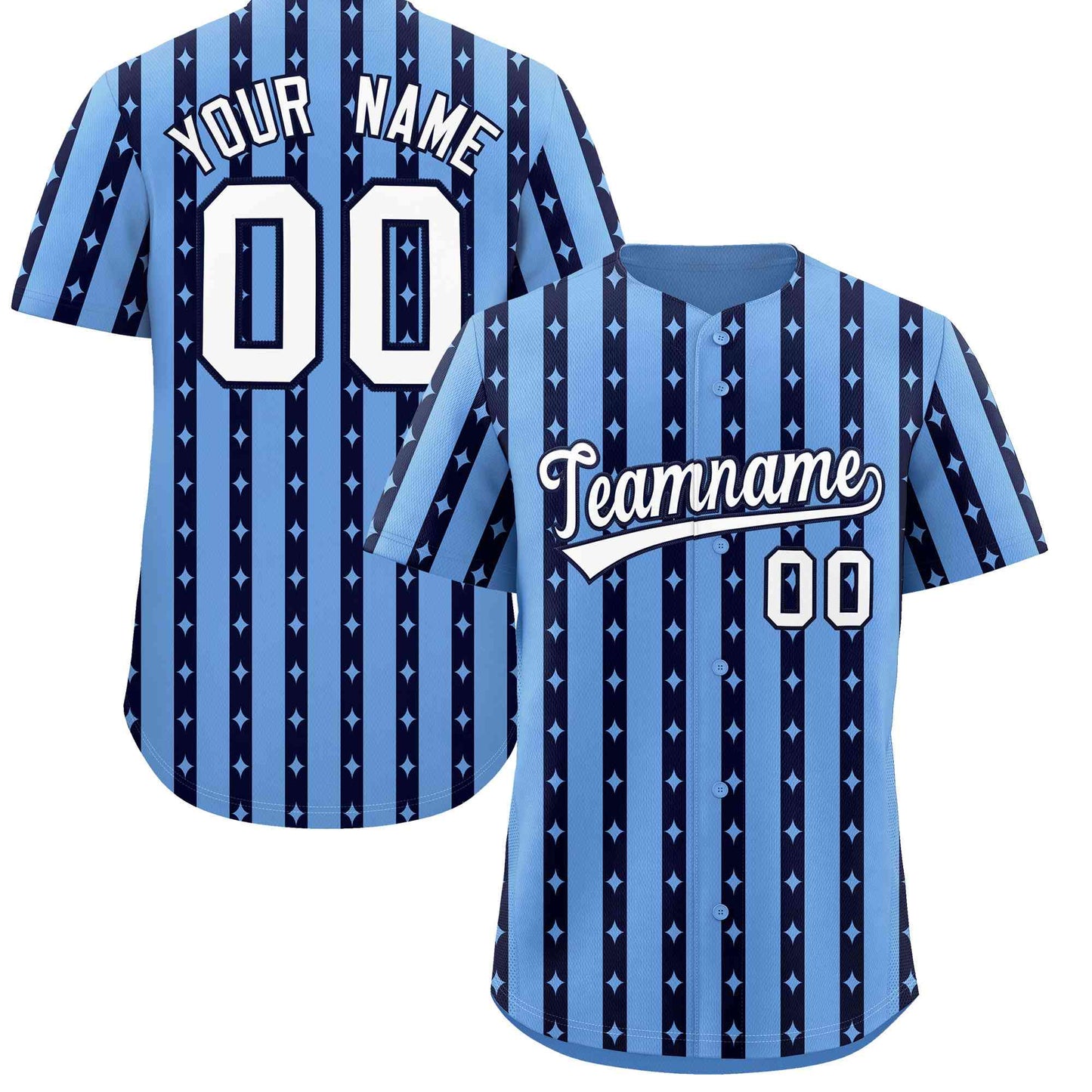 Custom Light Blue Navy Star Pattern Thick Stripes Baseball Jersey
