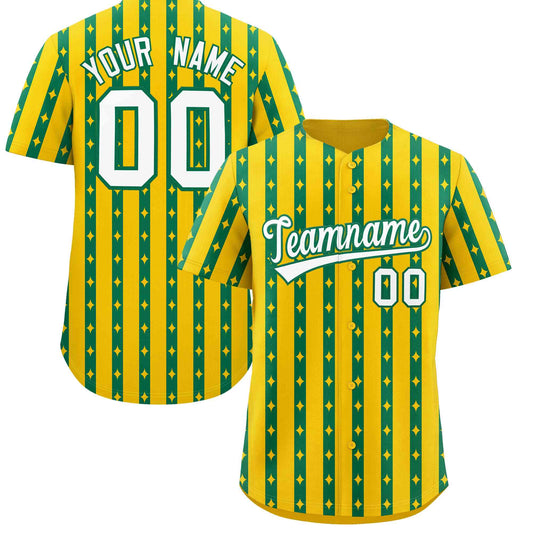 Custom Gold Kelly Green Star Pattern Thick Stripes Baseball Jersey