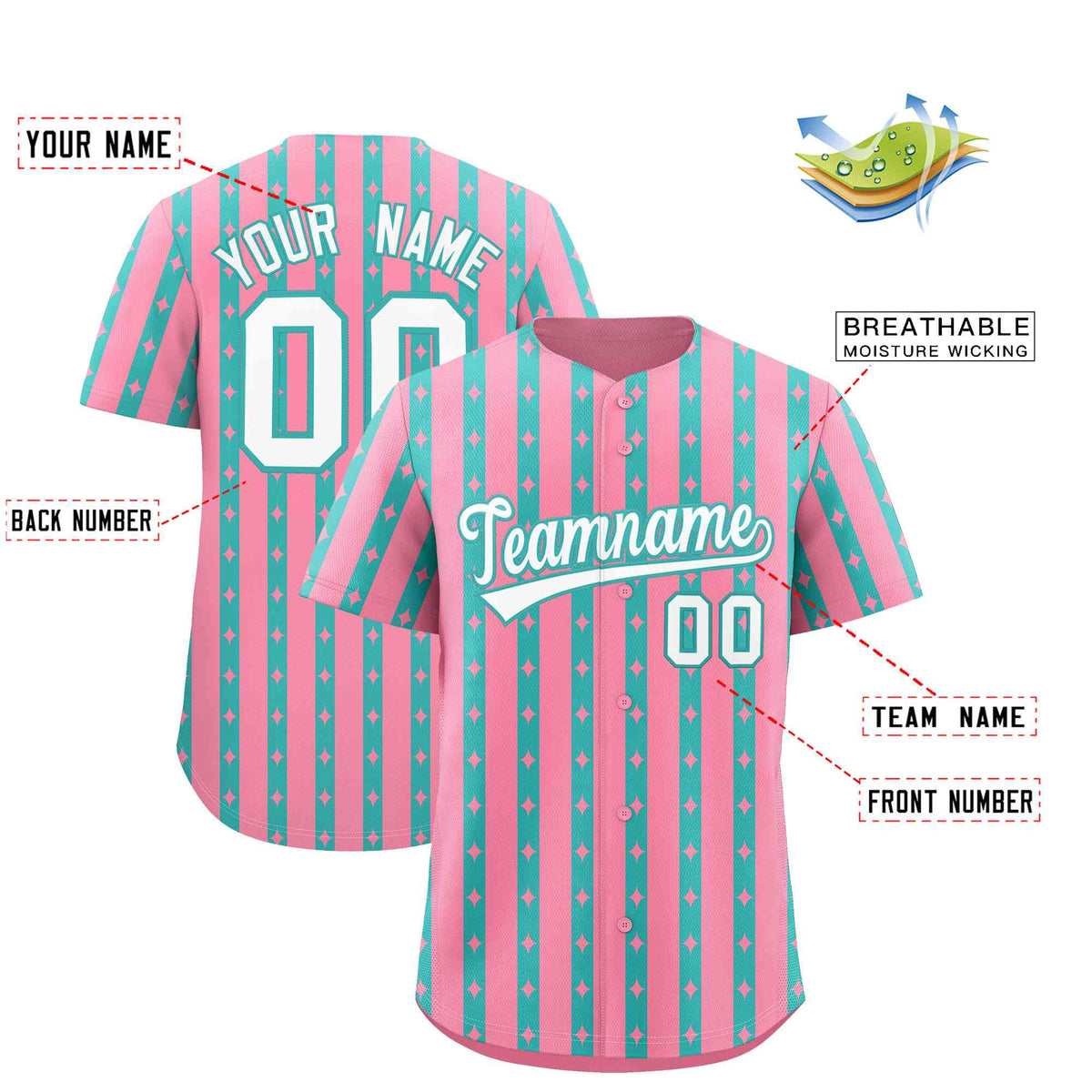 Custom Light Pink Teal Star Pattern Thick Stripes Baseball Jersey Limited