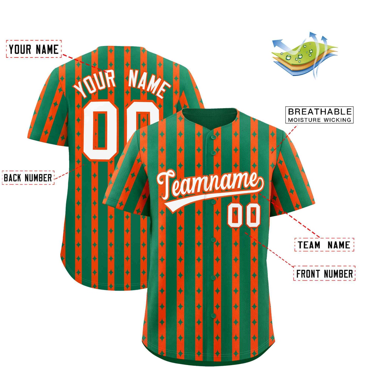 Custom Kelly Green Orange Star Pattern Thick Stripes Baseball Jersey Limited