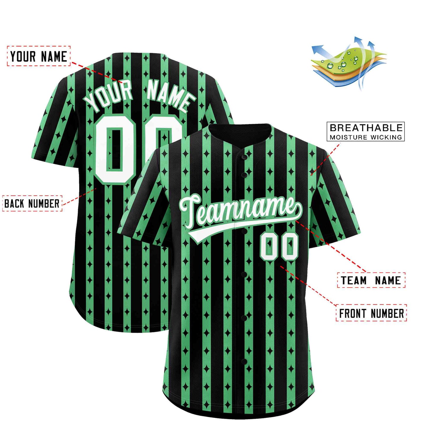 Custom Black Neon Green Star Pattern Thick Stripes Baseball Jersey Limited