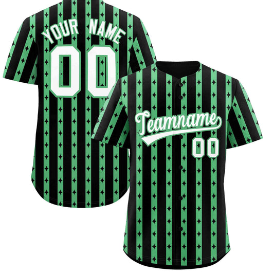 Custom Black Neon Green Star Pattern Thick Stripes Baseball Jersey