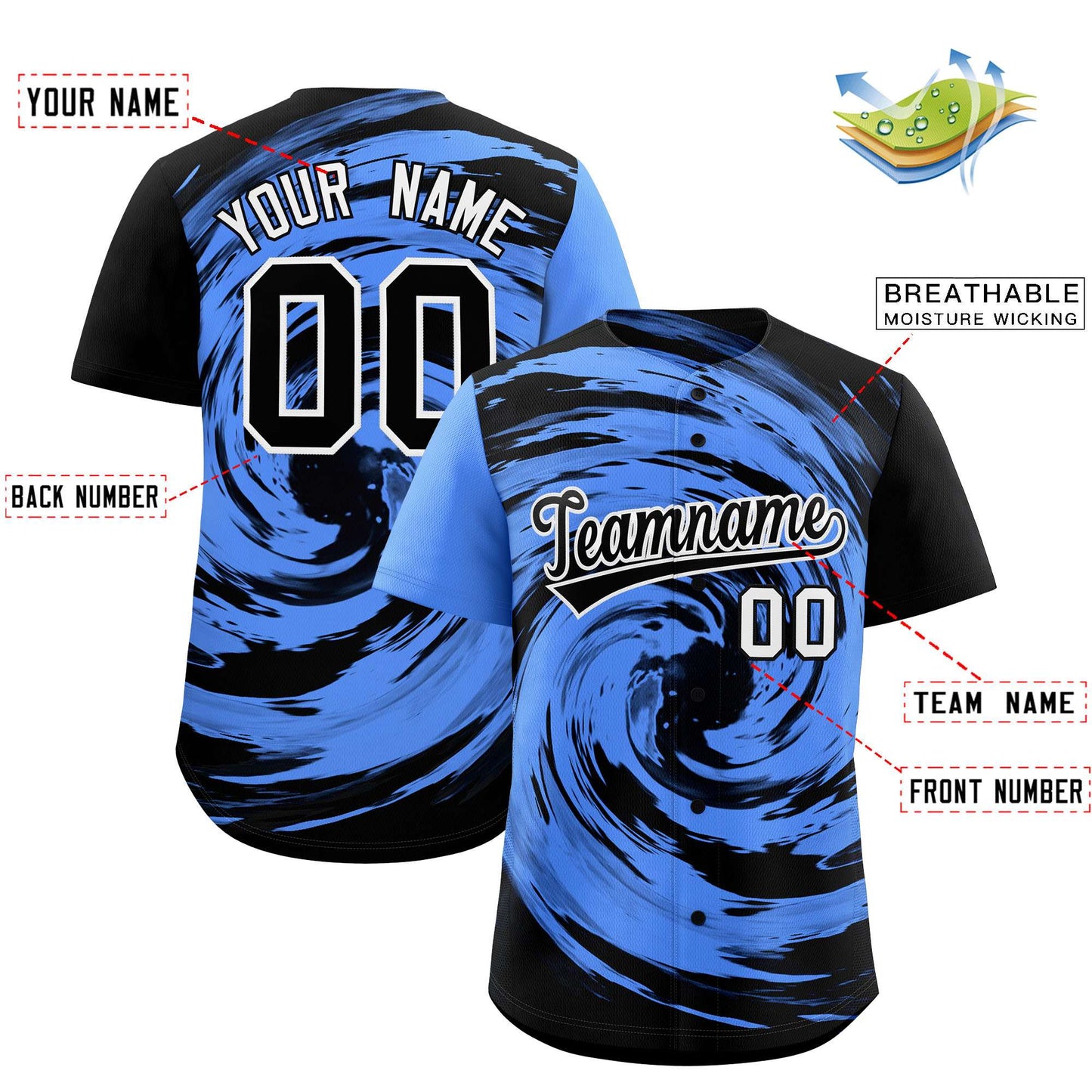 Custom Powder Blue Black Swirl Graffiti Pattern Authentic Baseball Jersey Limited