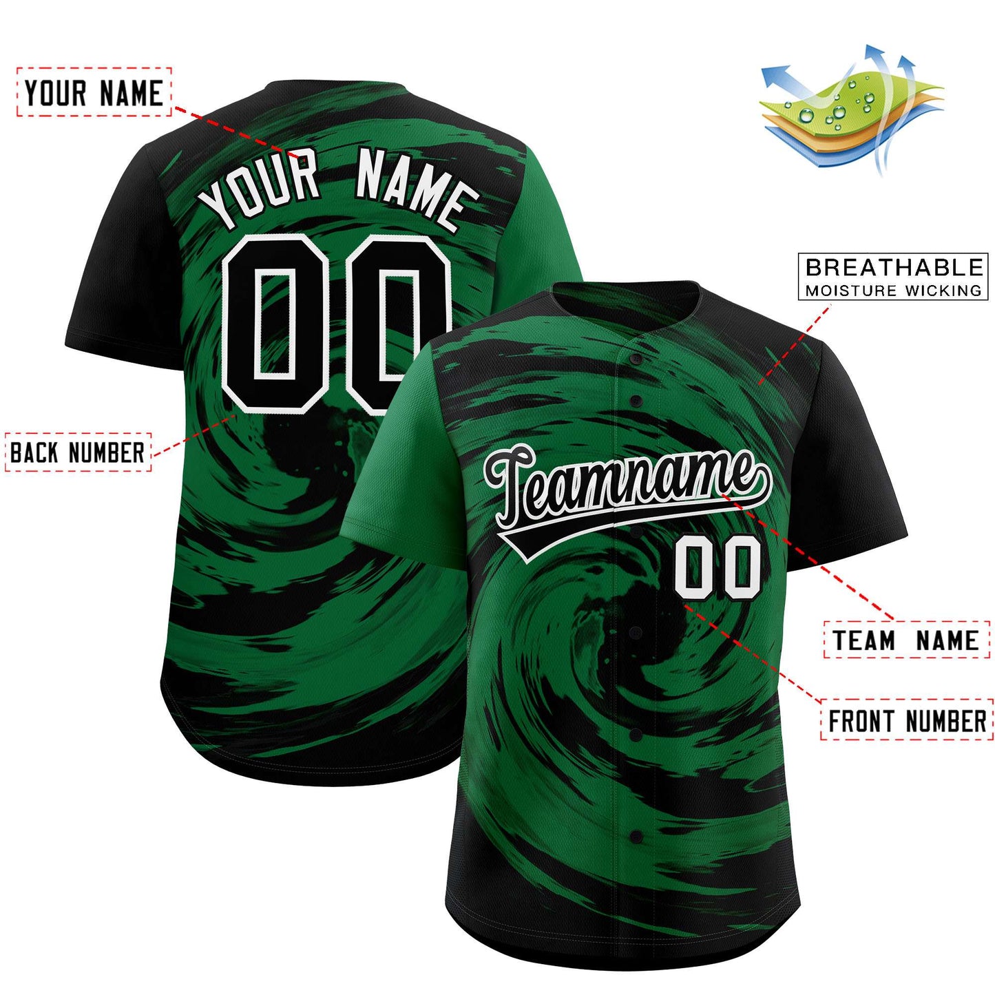 Custom Kelly Green Black Swirl Graffiti Pattern Authentic Baseball Jersey Limited