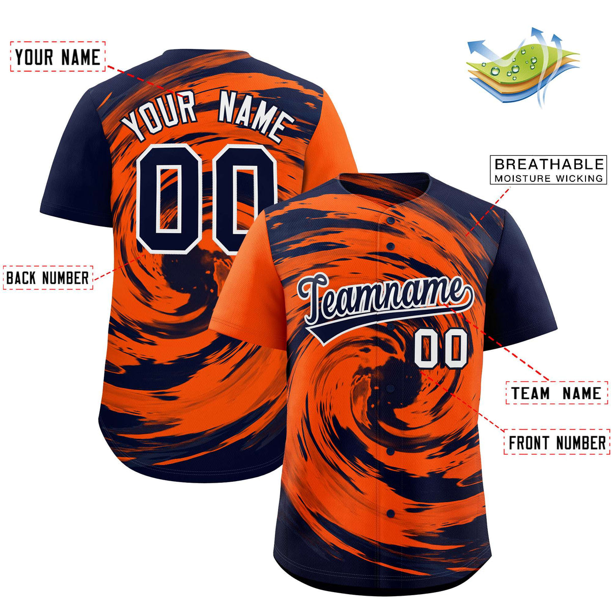 Custom Orange Navy Swirl Graffiti Pattern Authentic Baseball Jersey Limited