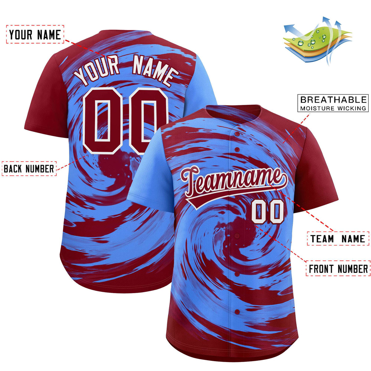 Custom Powder Blue Crimson Swirl Graffiti Pattern Authentic Baseball Jersey Limited