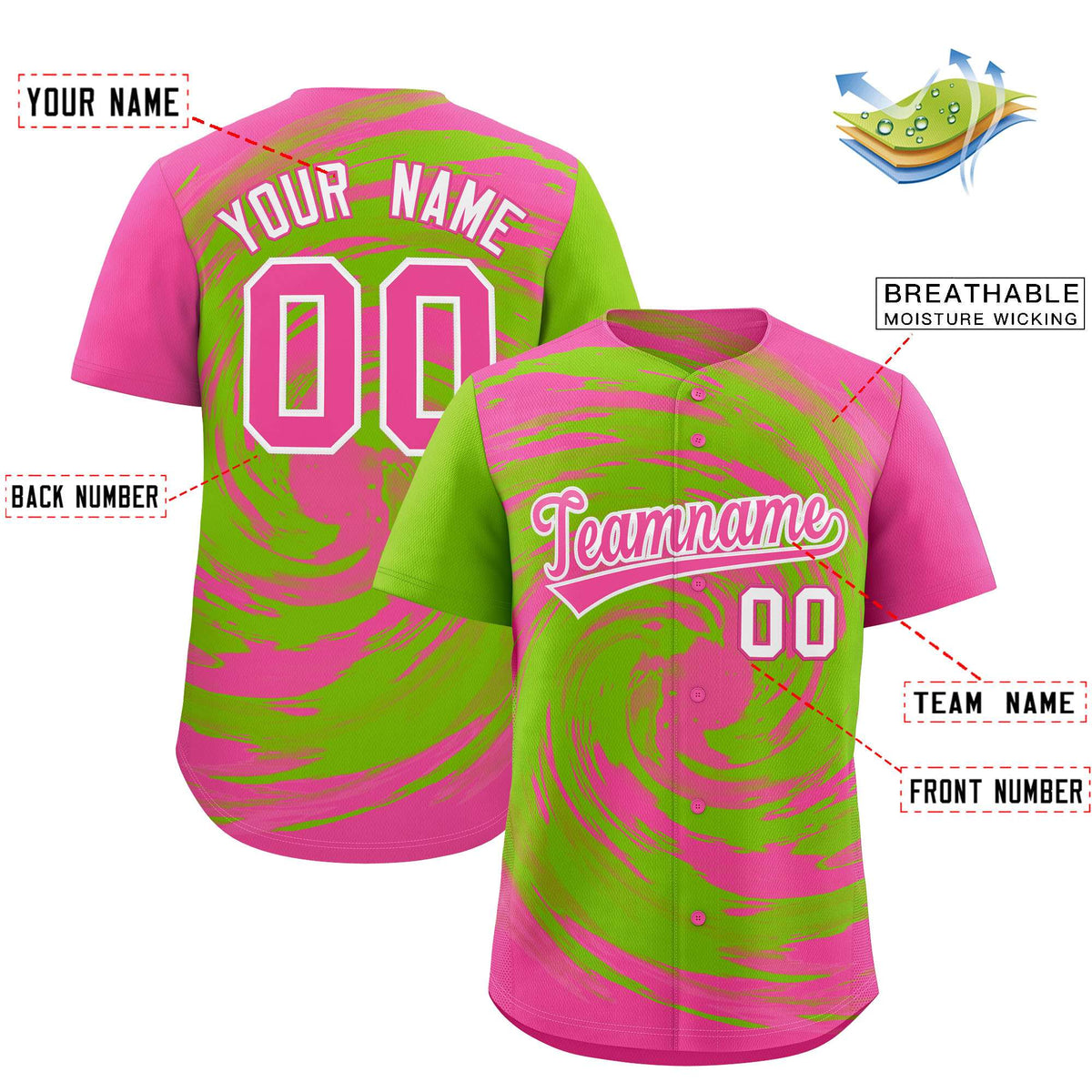 Custom Neon Green Pink Swirl Graffiti Pattern Authentic Baseball Jersey Limited
