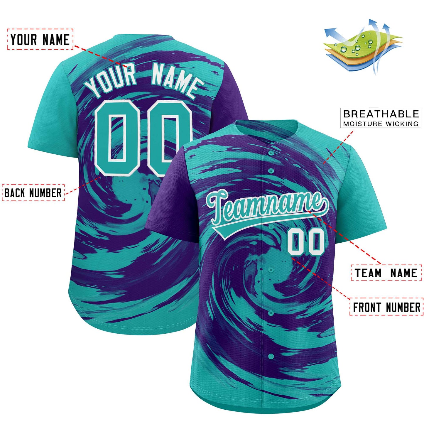 Custom Purple Aqua Swirl Graffiti Pattern Authentic Baseball Jersey Limited