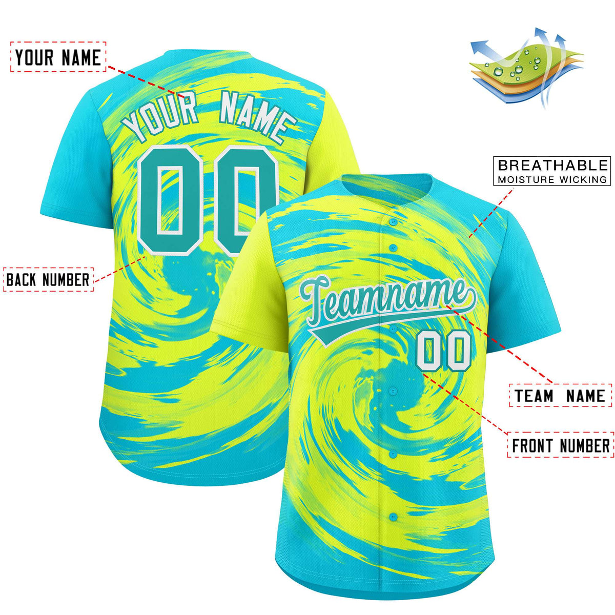 Custom Green Sky Blue Swirl Graffiti Pattern Authentic Baseball Jersey Limited