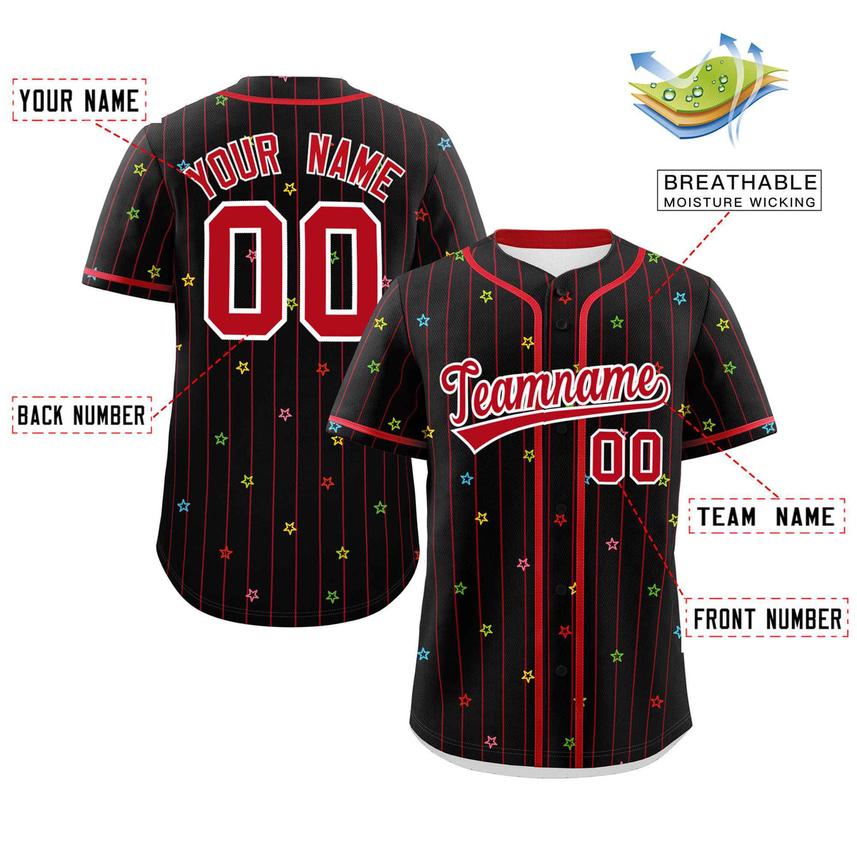 Custom Black Red Stripe Fashion Personalized Star Pattern Authentic Baseball Jersey Limited
