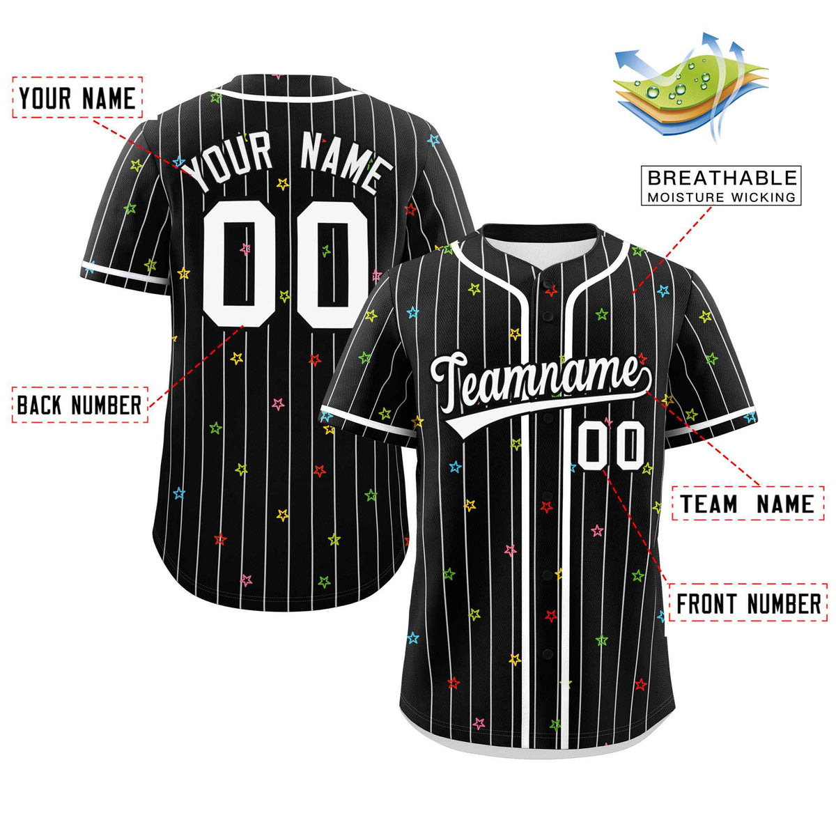 Custom Black White Stripe Fashion Personalized Star Pattern Authentic Baseball Jersey Limited