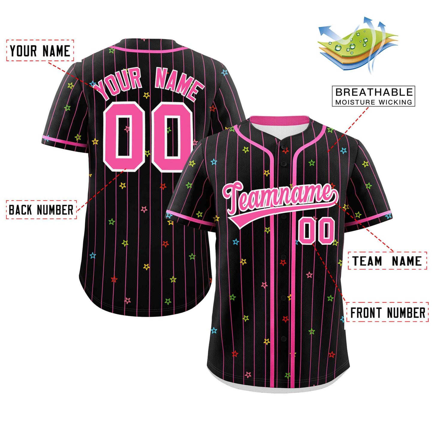 Custom Black Pink Stripe Fashion Personalized Star Pattern Authentic Baseball Jersey Limited