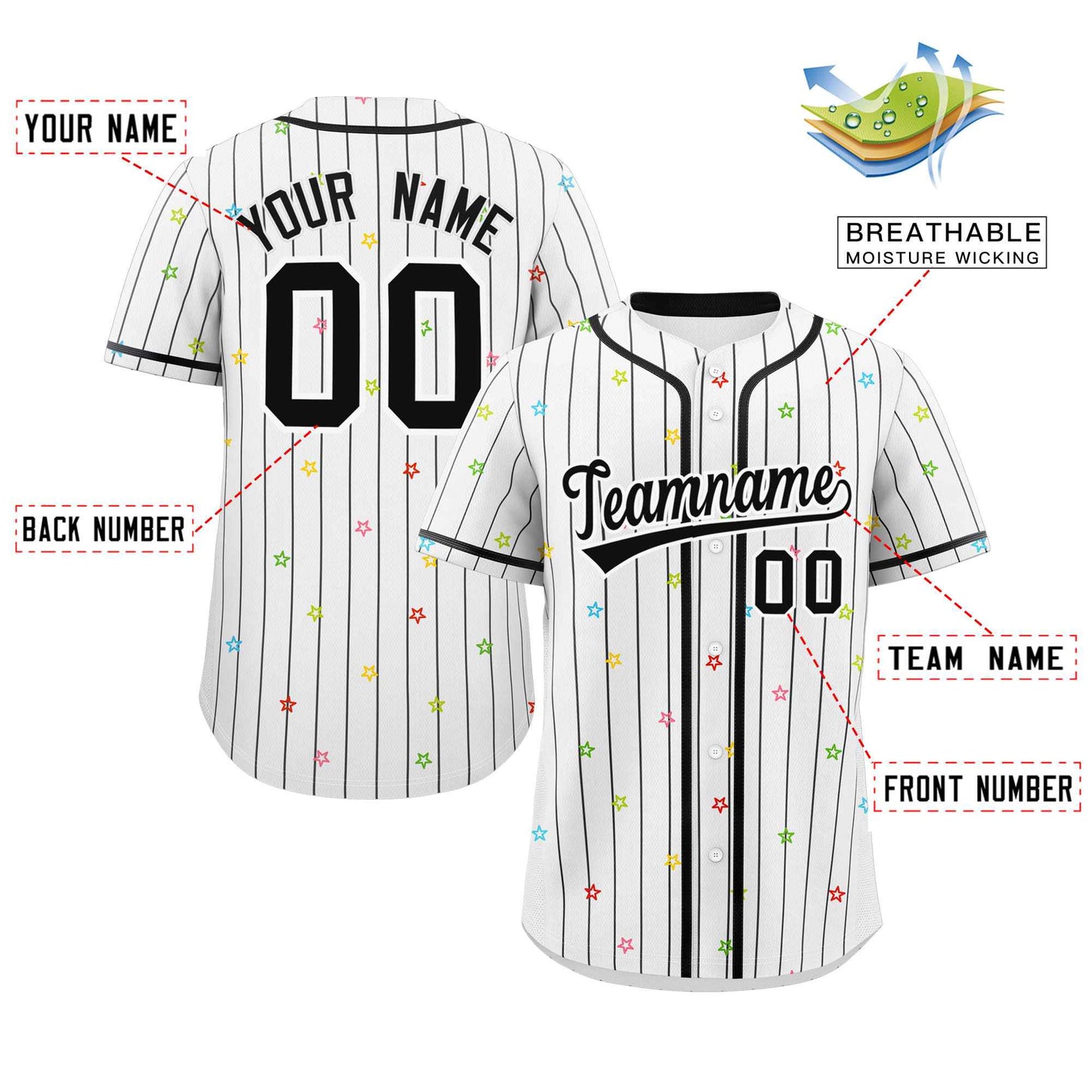 Custom White Black Stripe Fashion Personalized Star Pattern Authentic Baseball Jersey Limited