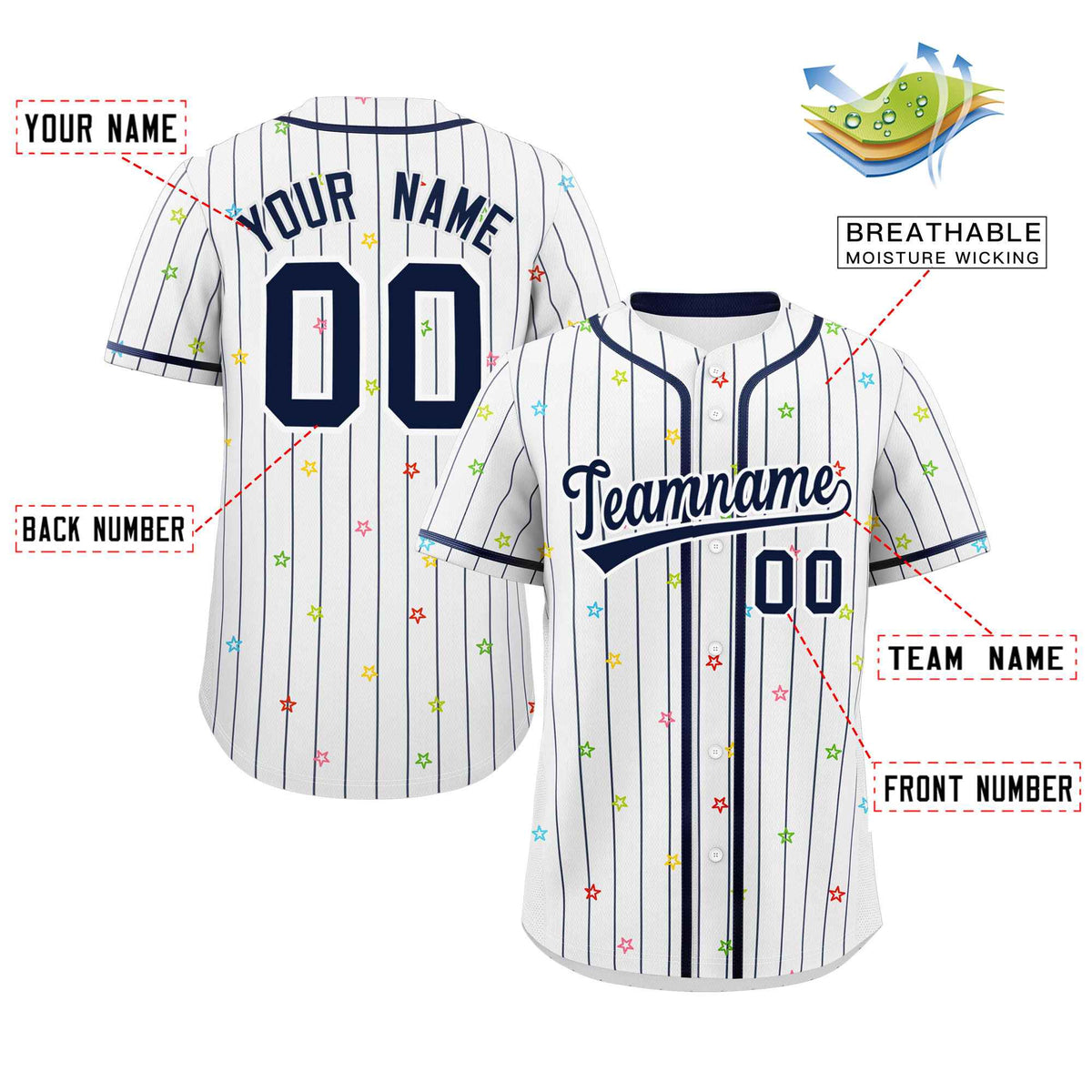 Custom White Navy Stripe Fashion Personalized Star Pattern Authentic Baseball Jersey Limited