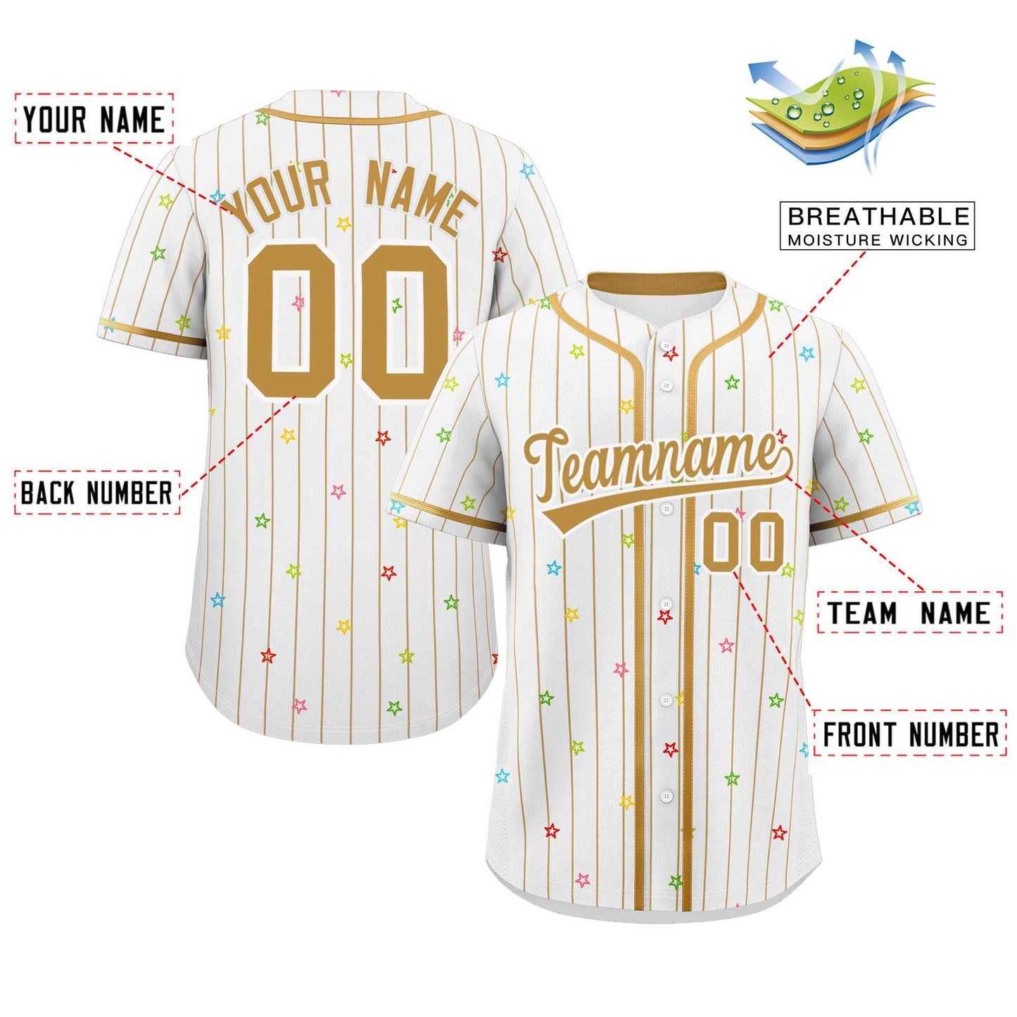 Custom White Old Gold Stripe Fashion Personalized Star Pattern Authentic Baseball Jersey Limited