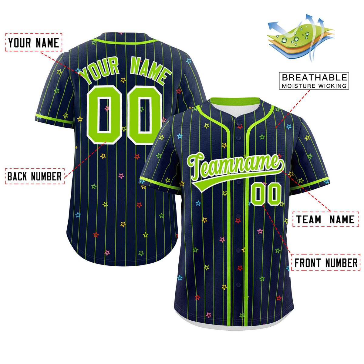 Custom Navy Neon Green Stripe Fashion Personalized Star Pattern Authentic Baseball Jersey Limited