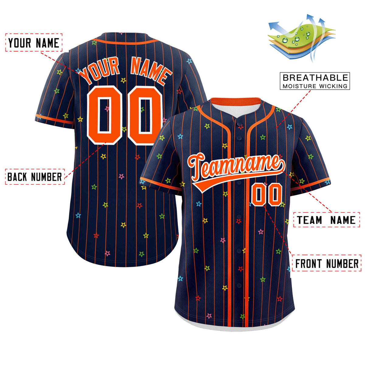 Custom Navy Orange Stripe Fashion Personalized Star Pattern Authentic Baseball Jersey Limited
