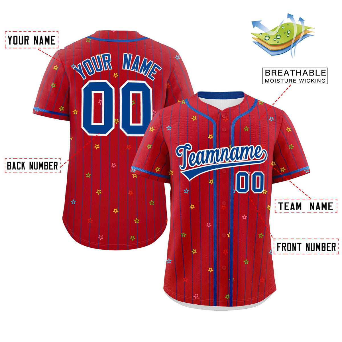 Custom Red Royal Stripe Fashion Personalized Star Pattern Authentic Baseball Jersey Limited