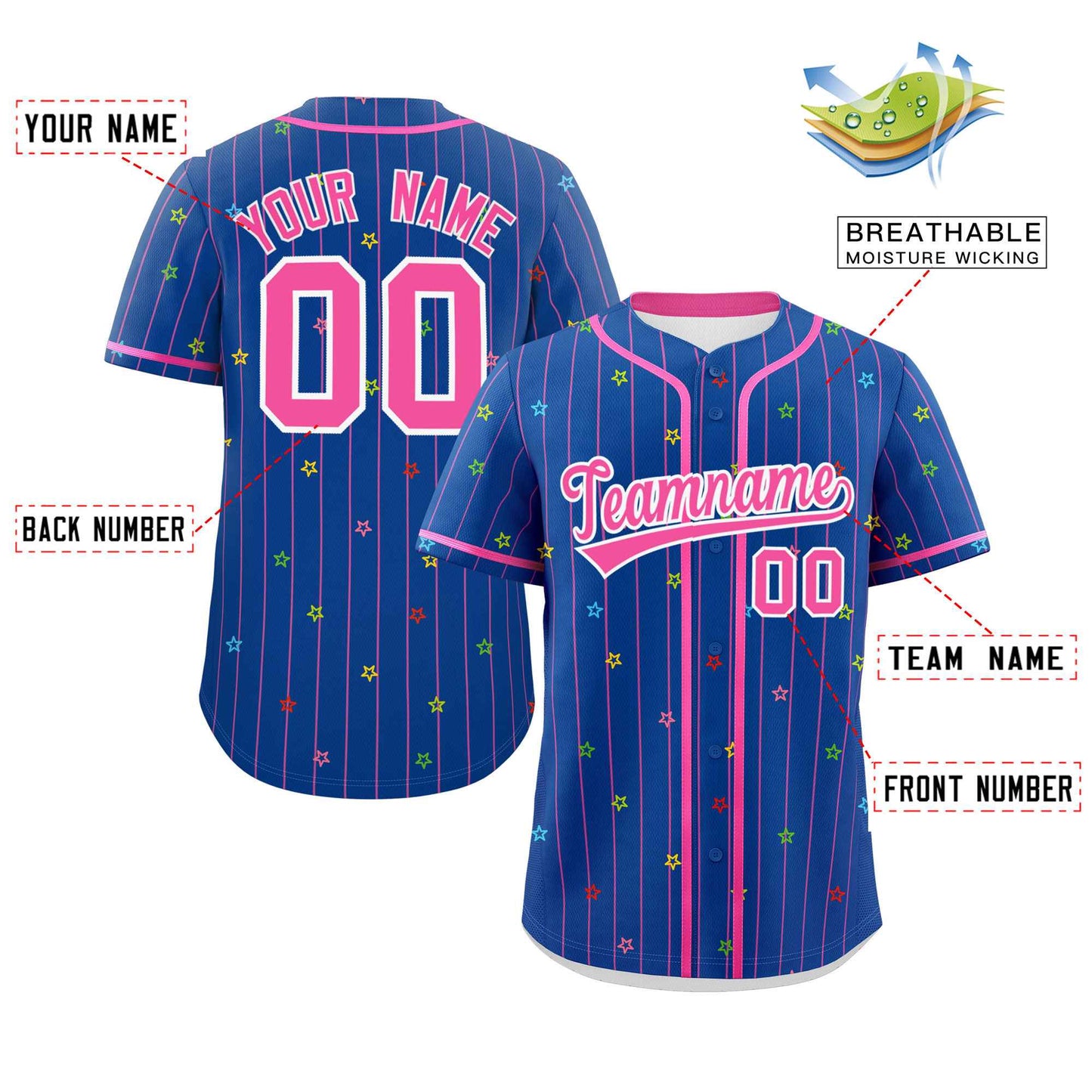 Custom Royal Pink Stripe Fashion Personalized Star Pattern Authentic Baseball Jersey Limited